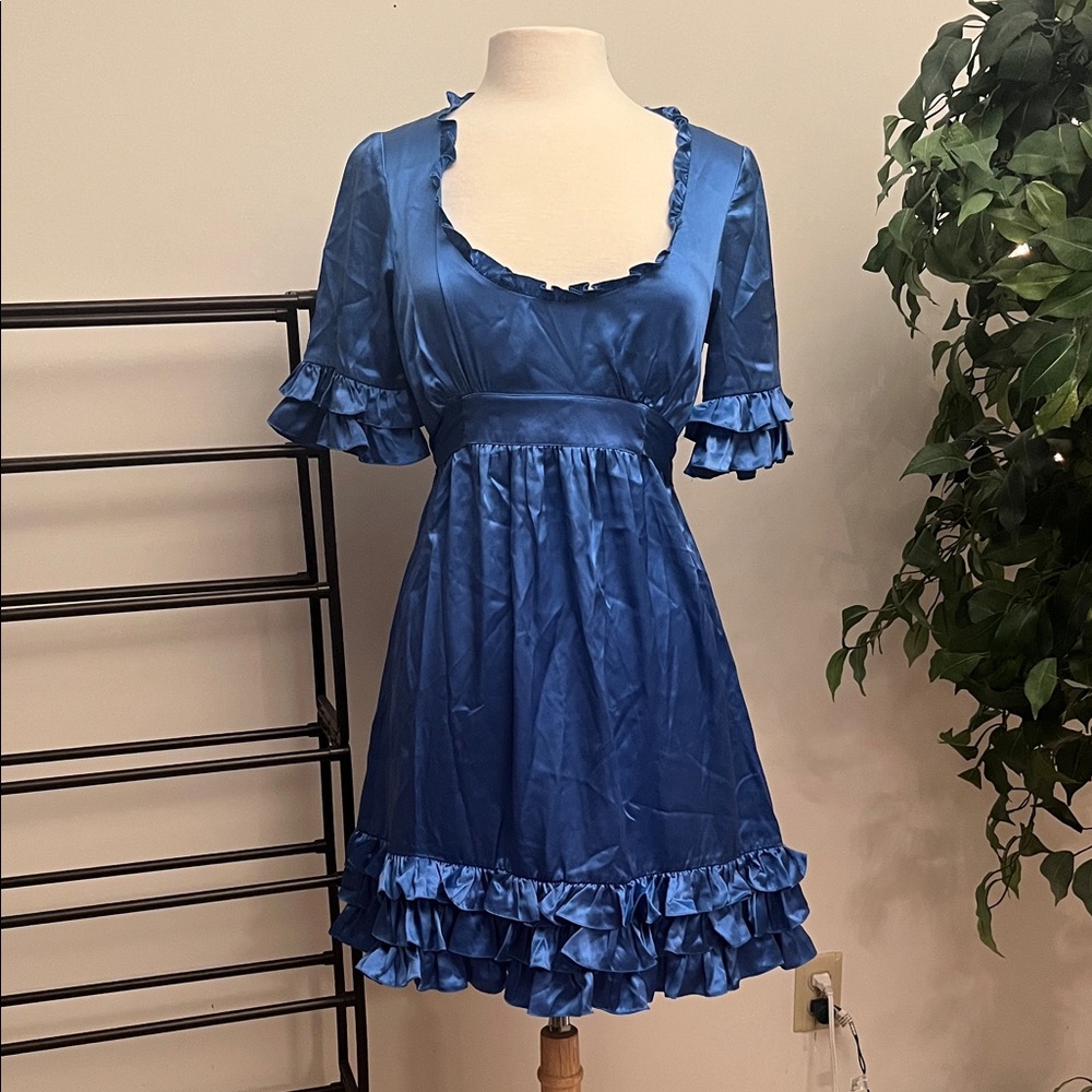 Betsey Johnson Blue Satin Ruffled Mini Dress